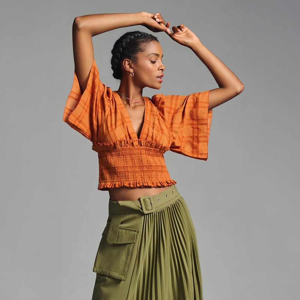 By Anthropologie Plunging V-Neck Smocked Kimono Blouse in Copper - NWT sz Medium